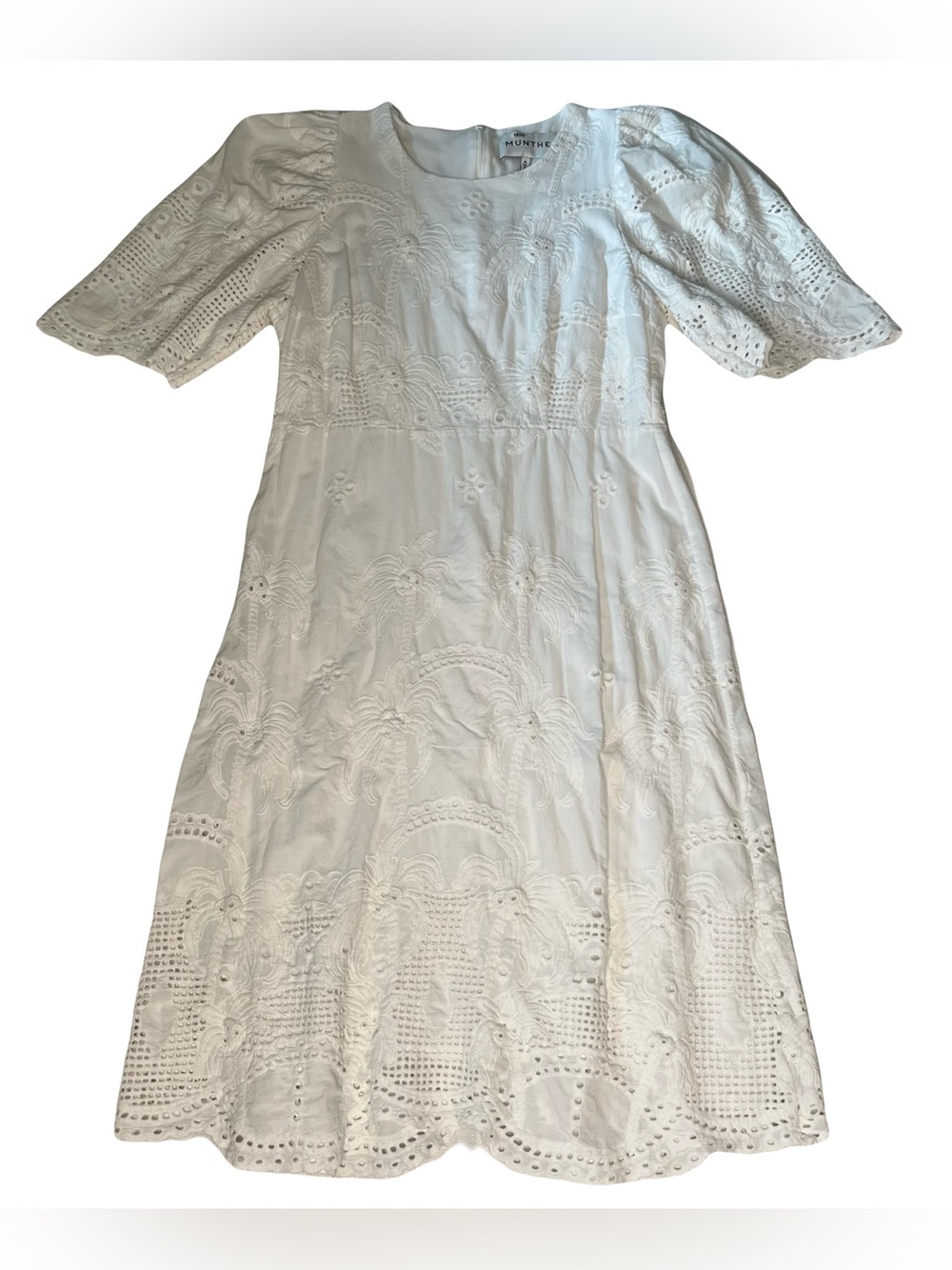 Munthe White Eyelet Embroidered Midi Dress Puff Sleeve Cottagecore Boho Resort